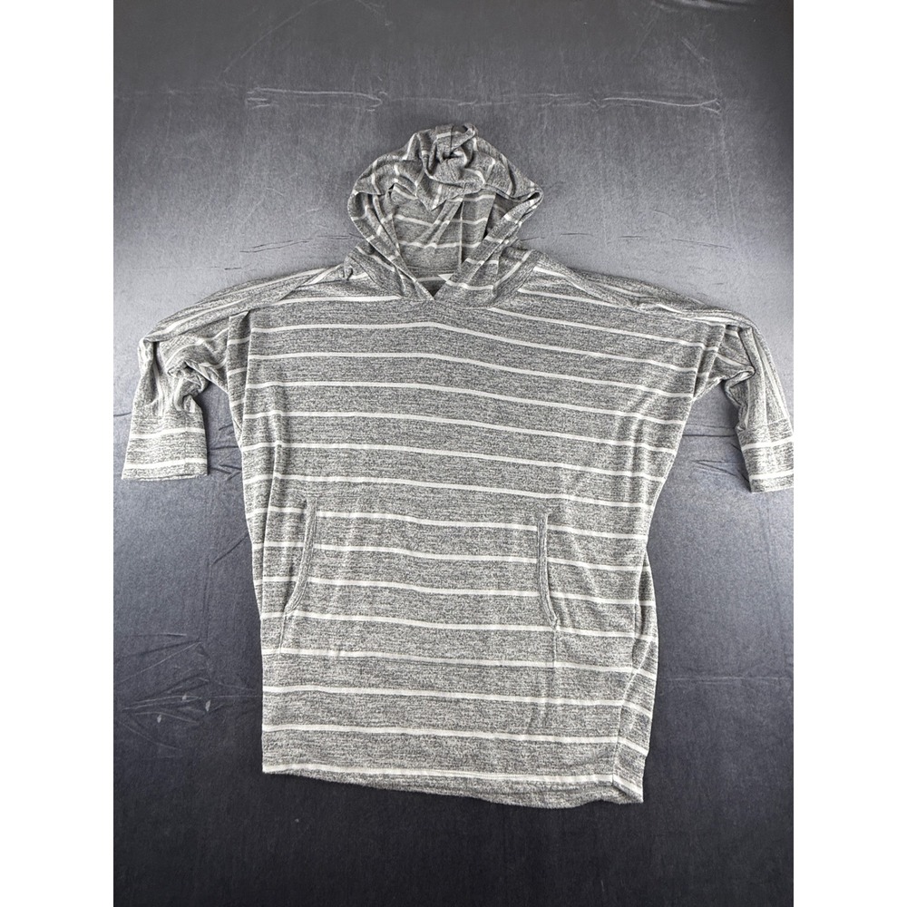 Market & Spruce Womens XL Grey White Striped Hoodie Kangaroo Pocket 3/4 Sleeve